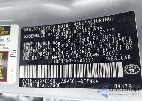 2015 Toyota Camry Le из США, поврежденный, VIN 4T4BF1FK3FR483654